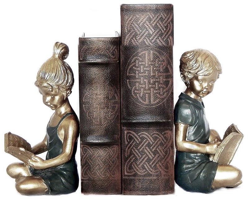 Bellaa 22951 Boy Girl Bookends Vintage Studious Reading Scholar Bookrack Stoppers for Heavy Duty Book Ends Holder Stand Decorative 8 inch - Image 5
